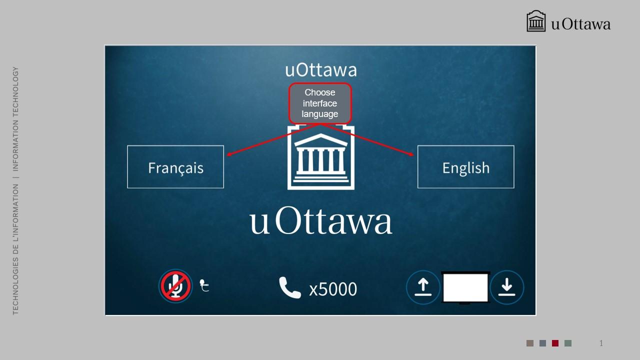 Classroom control panel home screen showing power and language options.