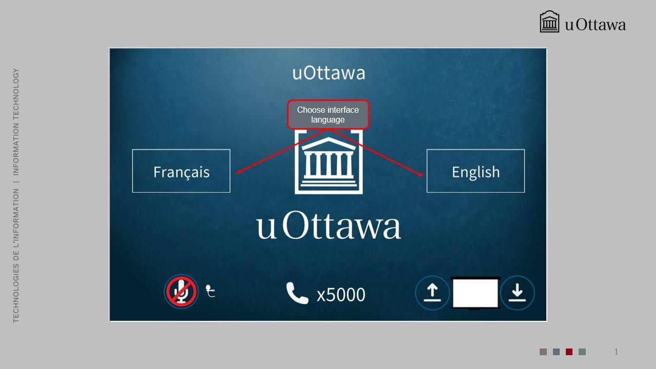 Classroom control panel home screen showing power and language options.