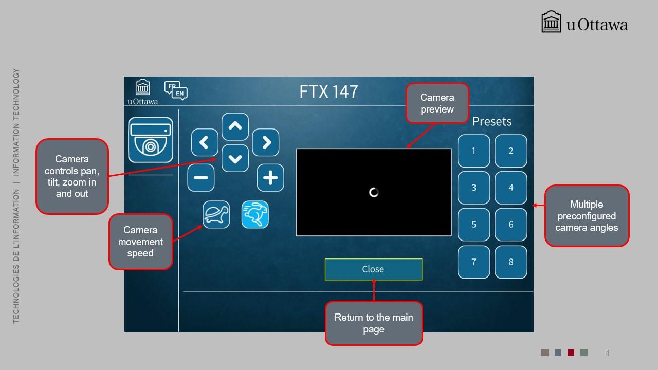 Camera control interface showing zoom in/out, movement speed, and multiple preconfigured camera angles.