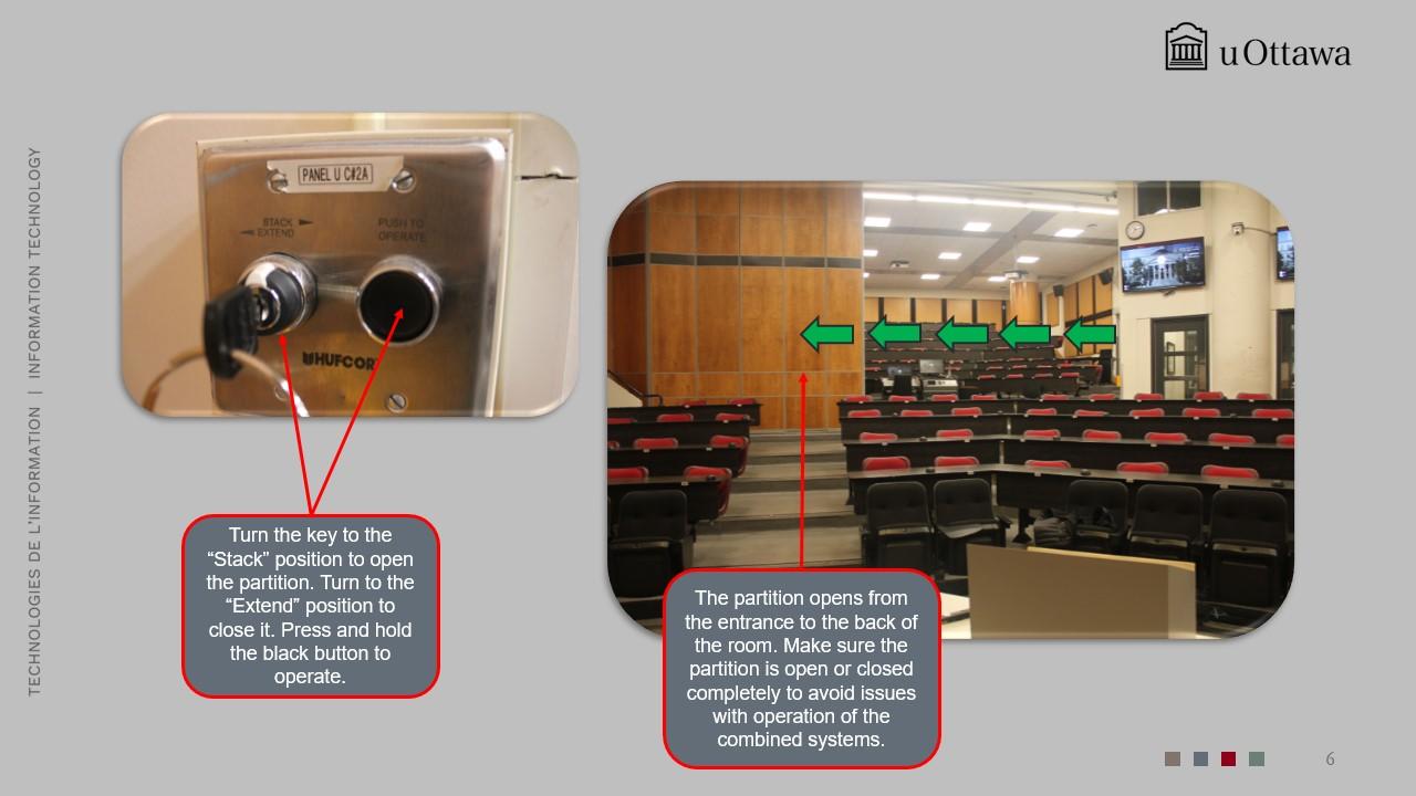Instructions for using the room partition, including specific key operations.