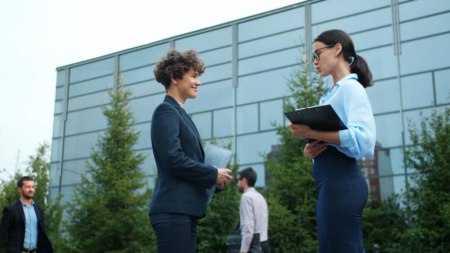 Two people talking in professional attire