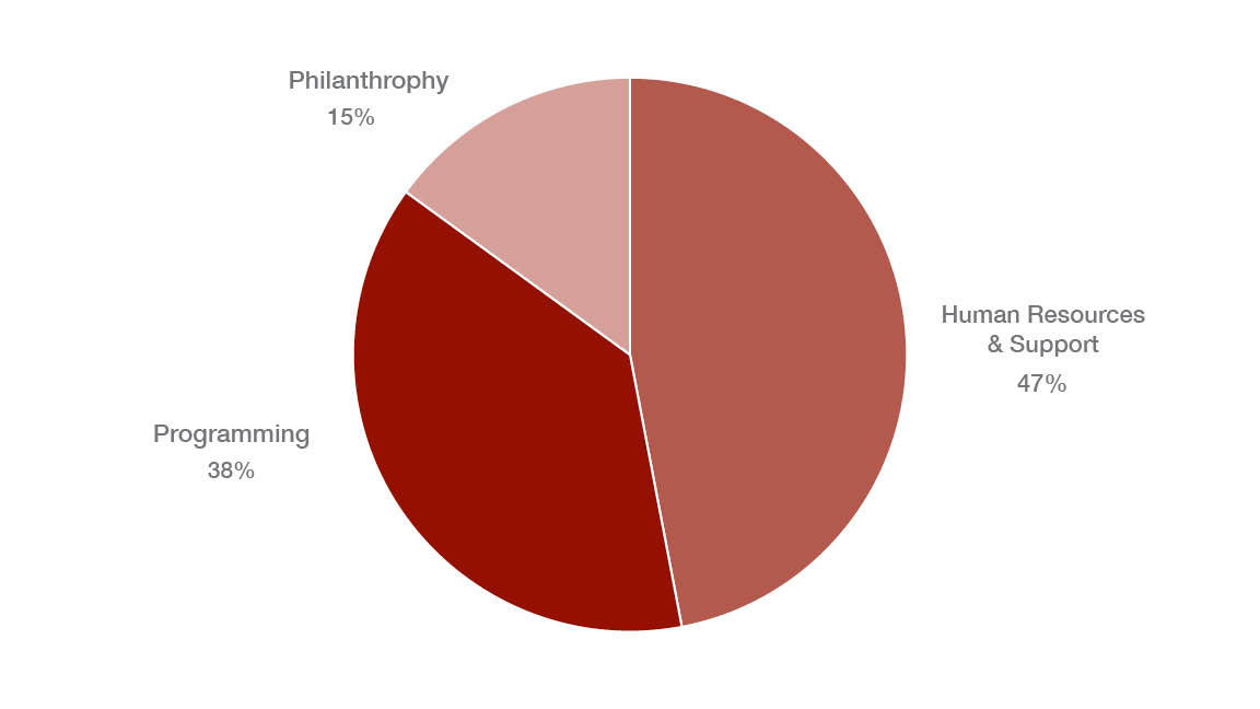 47% Human Resources and Support. 38% Programming, 15% Philanthropy