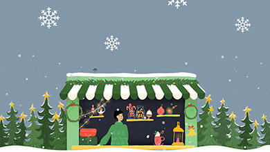 holidary market flyer with image of trees, snowflakes, shop window