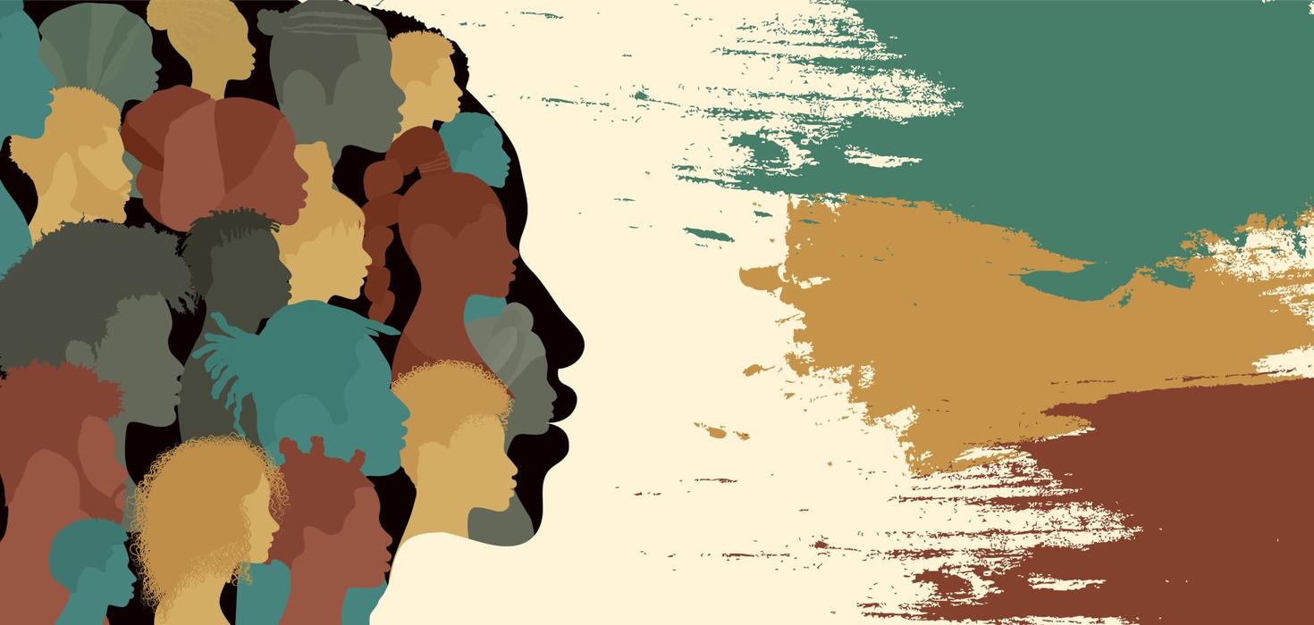 drawing of multiple faces silhouettes in different colors