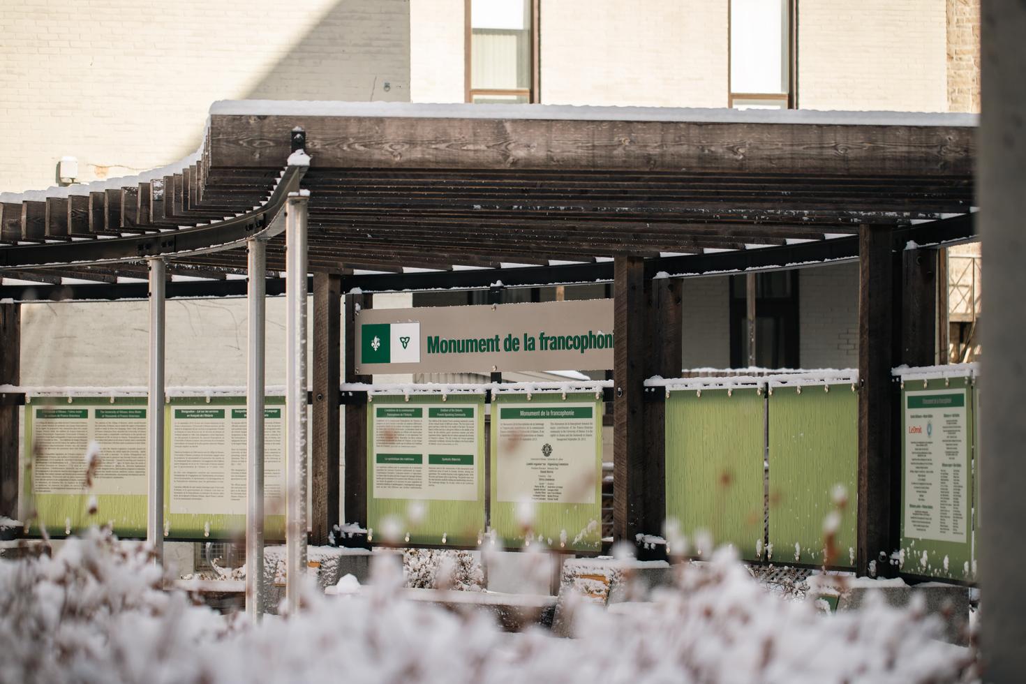 Picture of the Monument de la Francophonie on campus, in the winter time