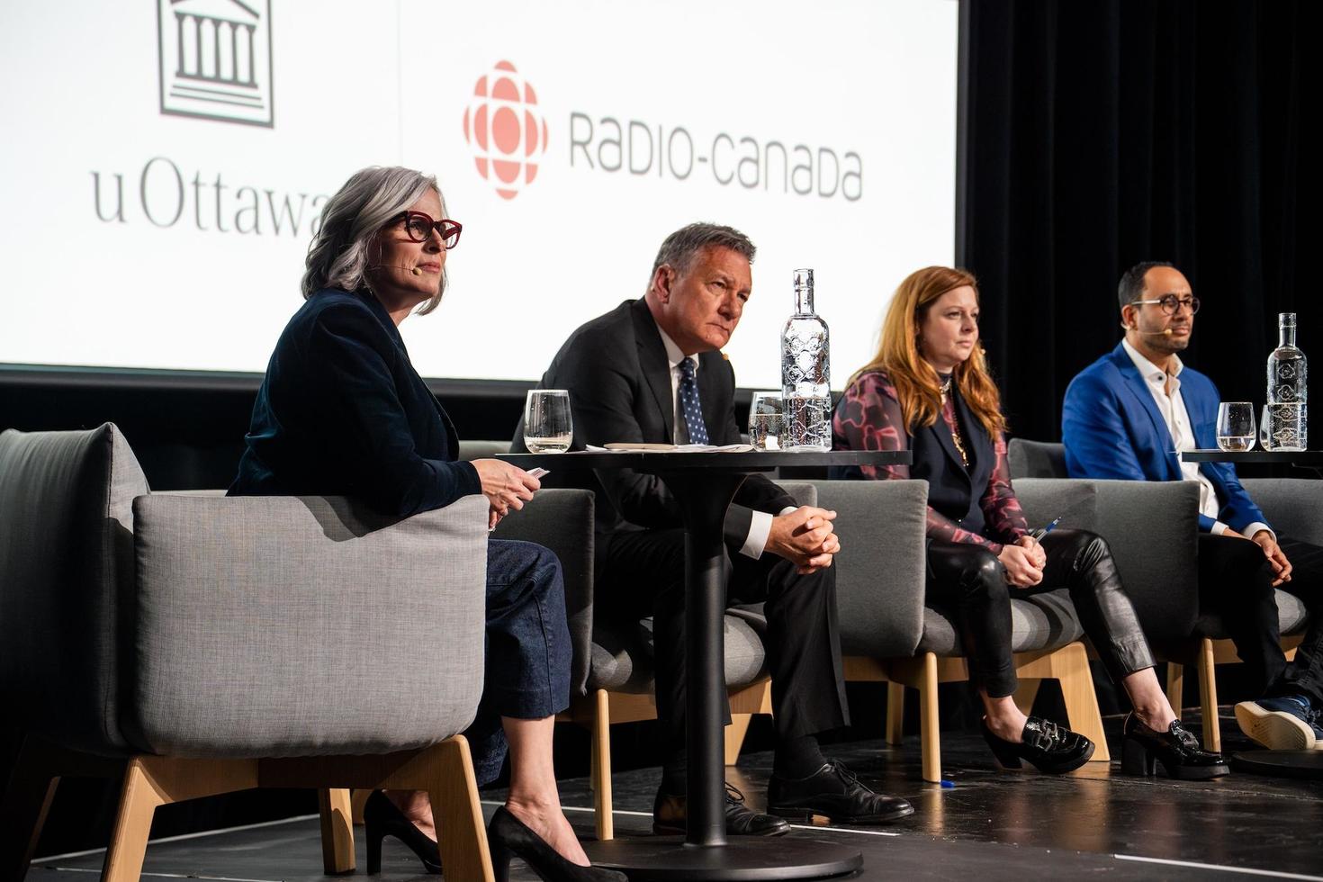 Moderator Annie Hudon-Friceau (BA ‘95) with Serge Blais (BA '84, Executive MBA '11), Marie-Maude Denis, and Alexis De Lancer.