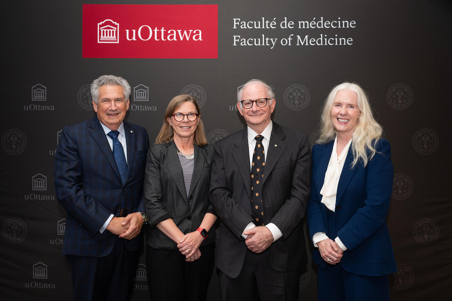 2026 Alumni awards recipients - Dr. Jeffrey Weitz, Dr. Mary-Ellen Harper and Dr. Peter St George-Hyslop, with Dean Dr. Melissa Forgie.