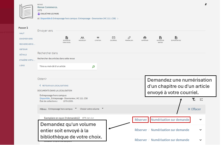Une capture d'écran du site web de la bibliothèque, montrant comment demander des documents à réserver ou à numériser sur demande.
