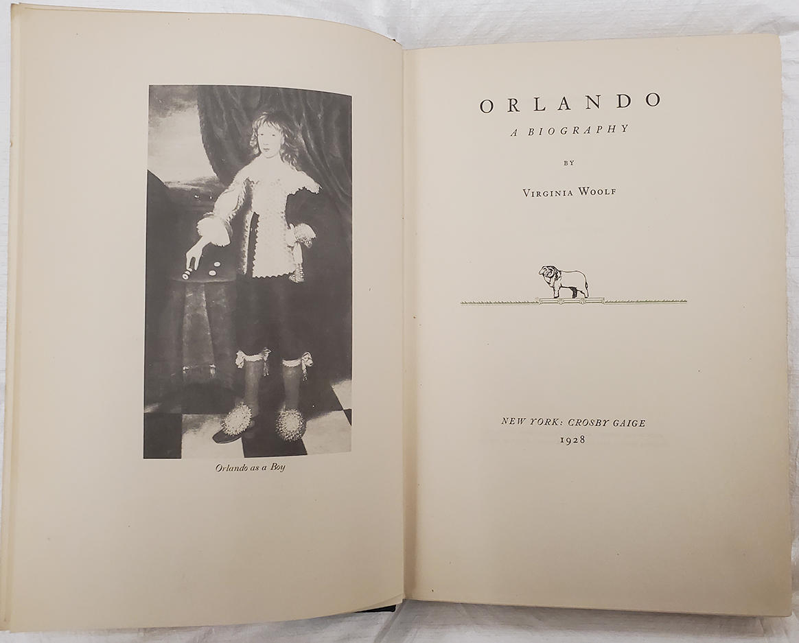 Couverture intérieure d'Orlando de Virginia Woolf (1928). Photographie prise aux Archives et collections spéciales. 