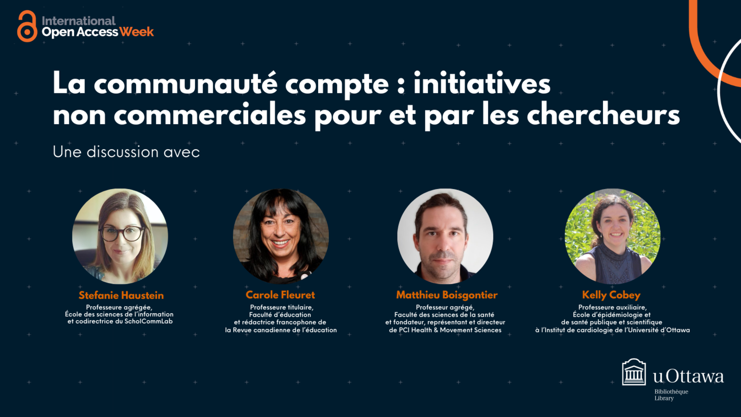 Poster du panel avec photos de Stefanie Haustein, Carole Fleuret, Matthieu Boisgontier and Kelly Cobey