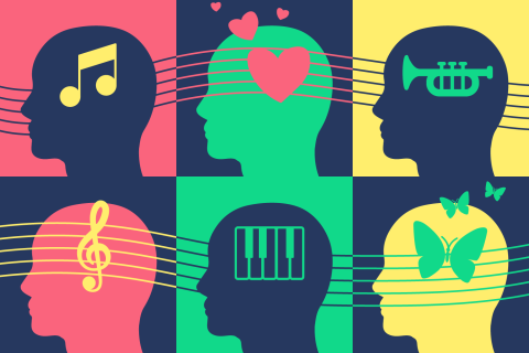 Silhouettes de visages avec des icônes de musique et de bien-être en surimpression