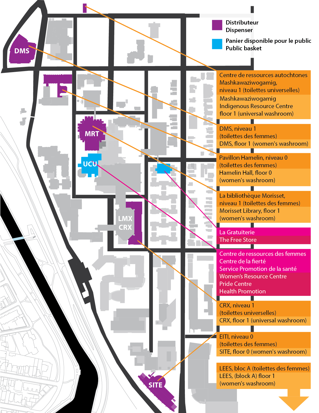 Map of the locations of free menstrual products on campus