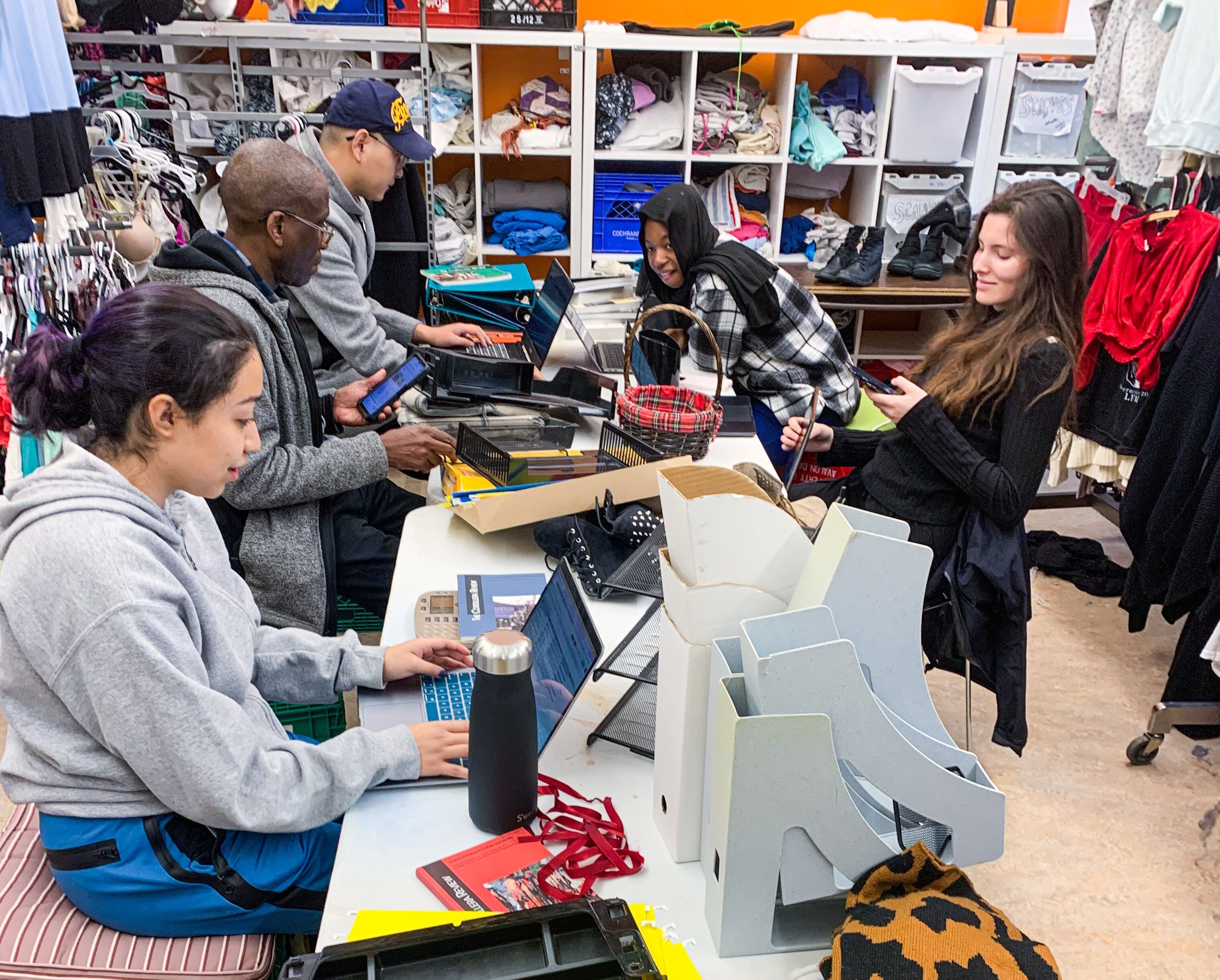 a group of students working in the Free Store