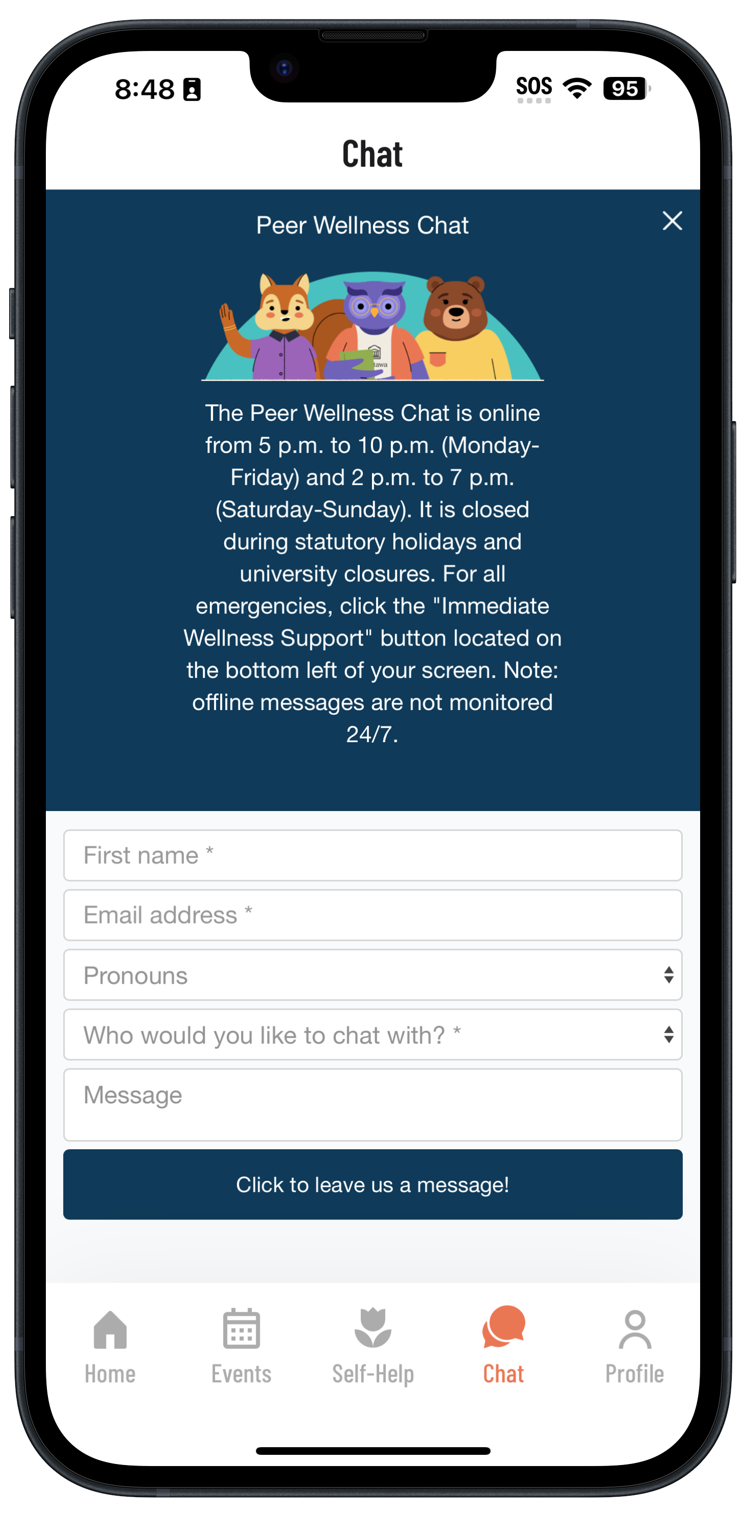 Chat section of UoWellness App