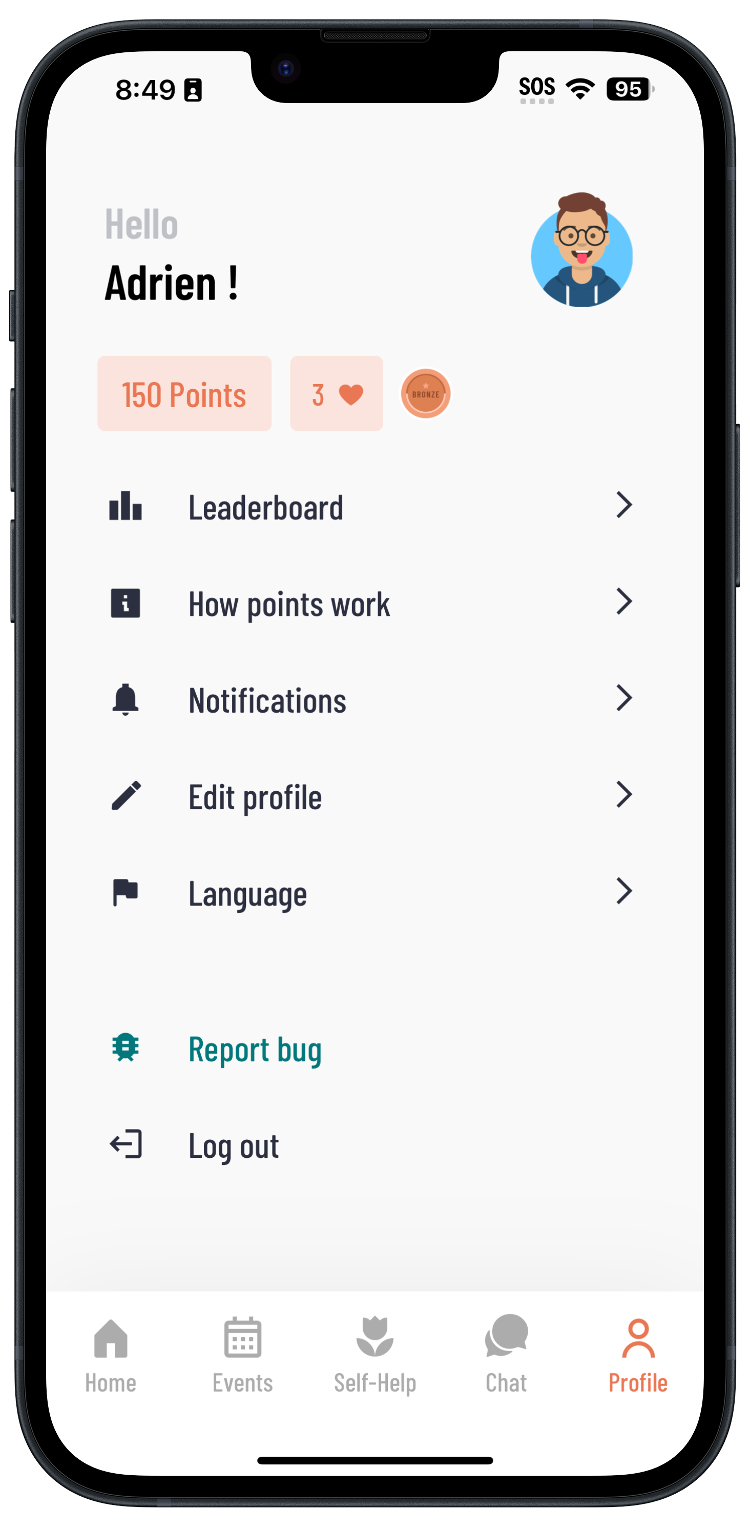 Profile section of UoWellness App