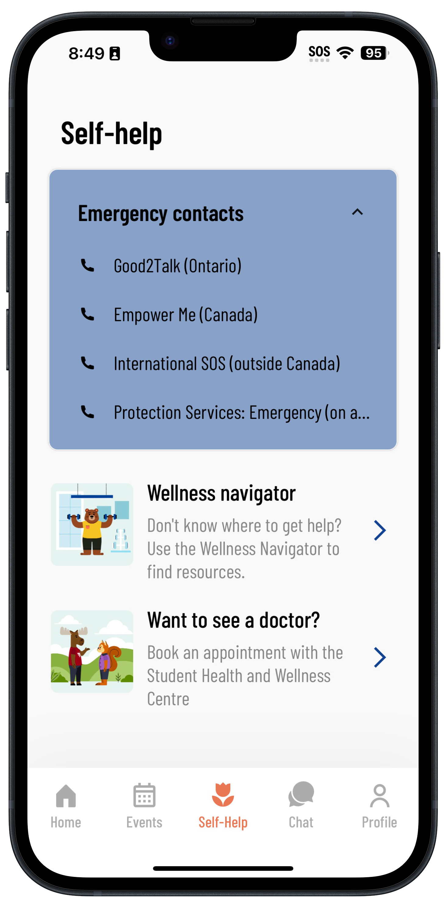Self-Help Section of UoWellness App