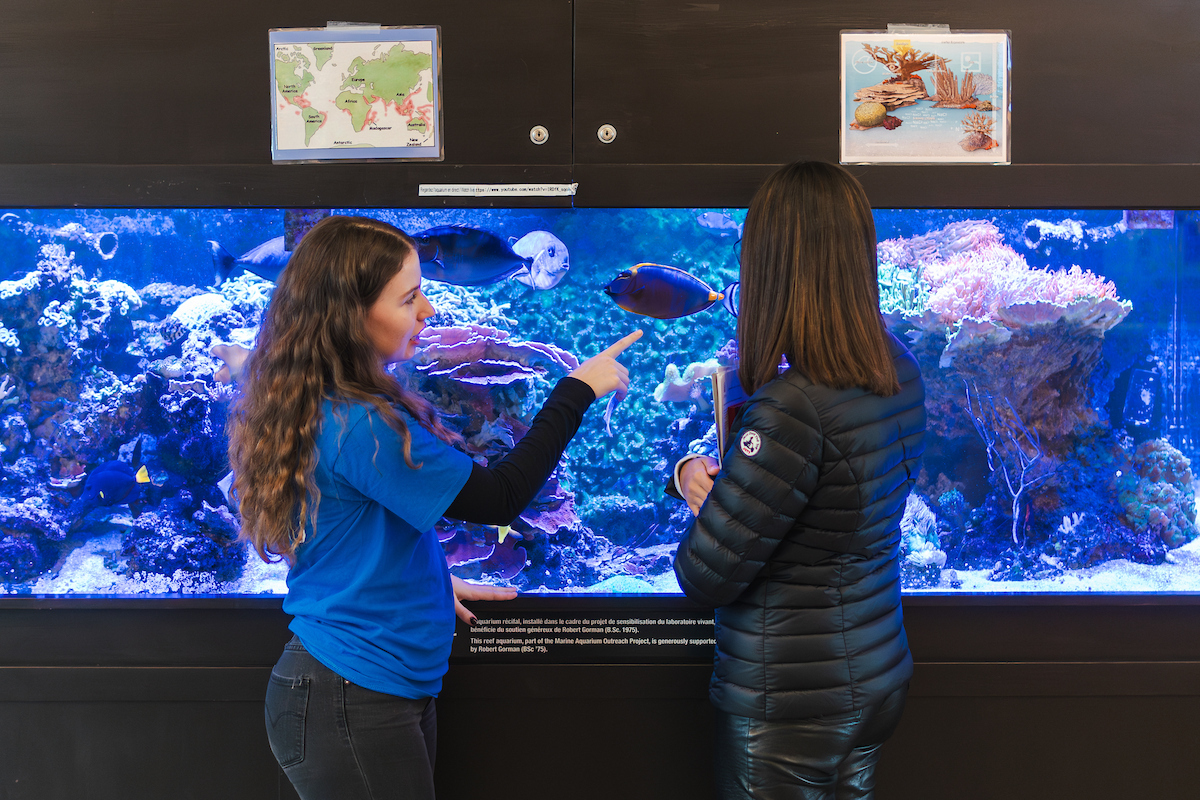 students talk in front of an aquarium
