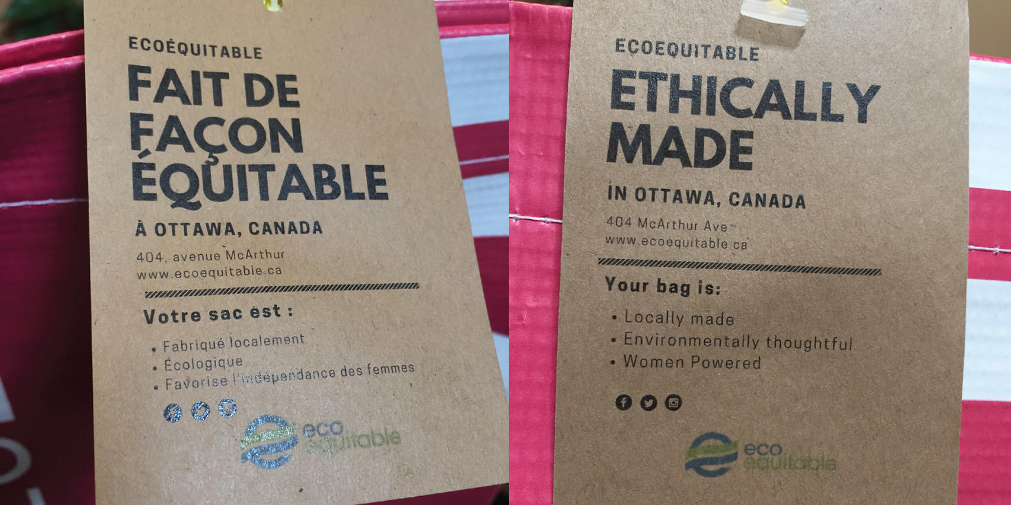 Tags on the bags made of recycled banners, written Ethically made in Ottawa, Canada