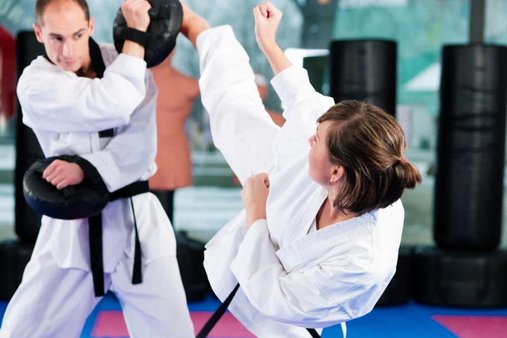 People in a gym doing martial arts.
