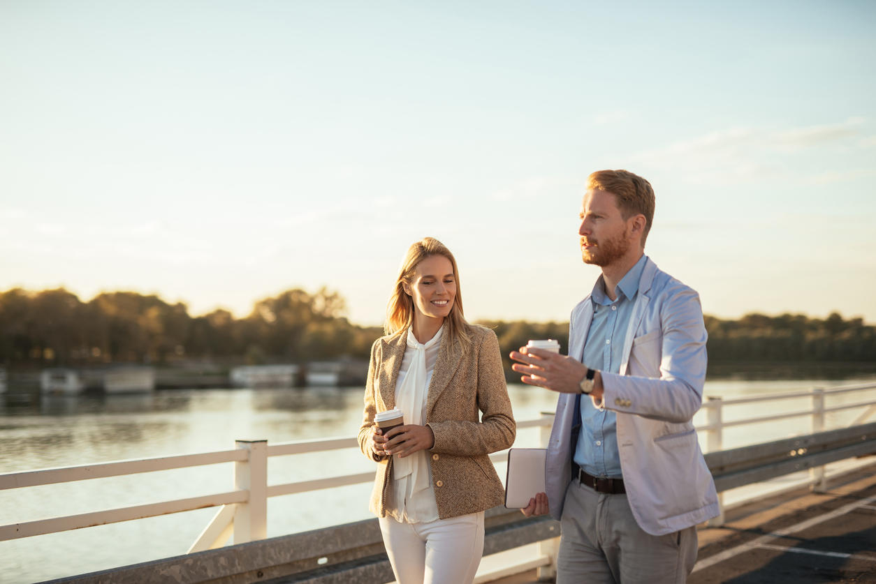 two people doing a walking meeting