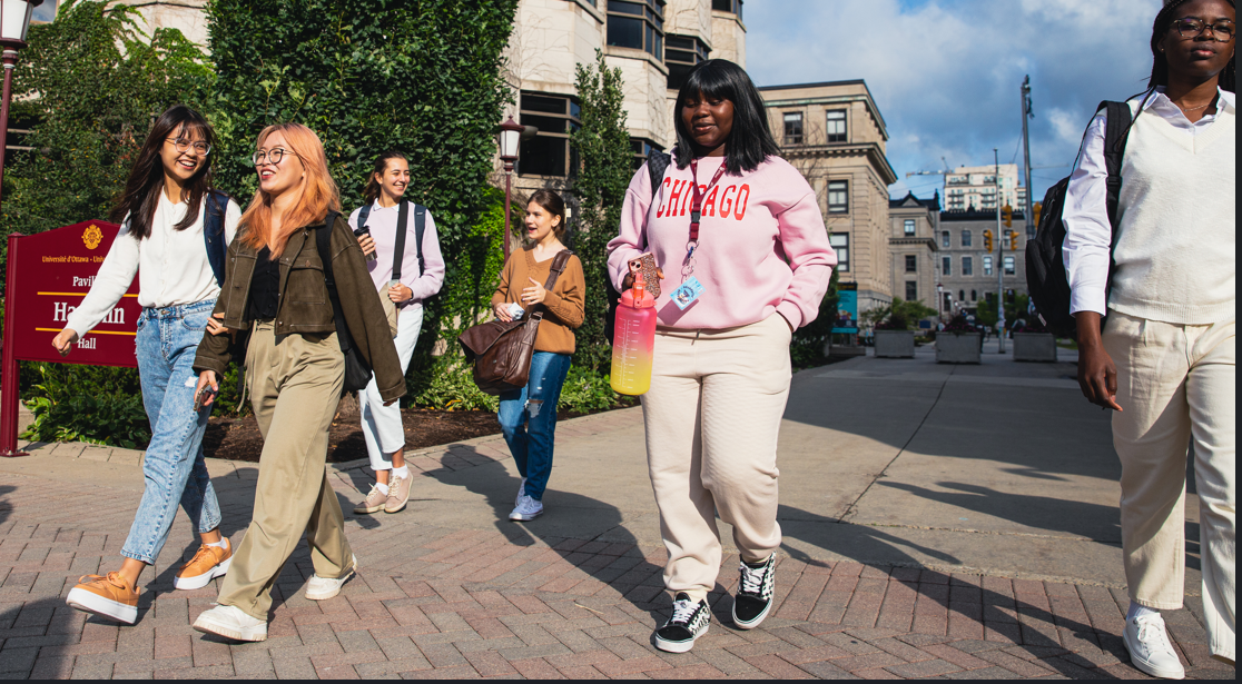 Students walking across campus.