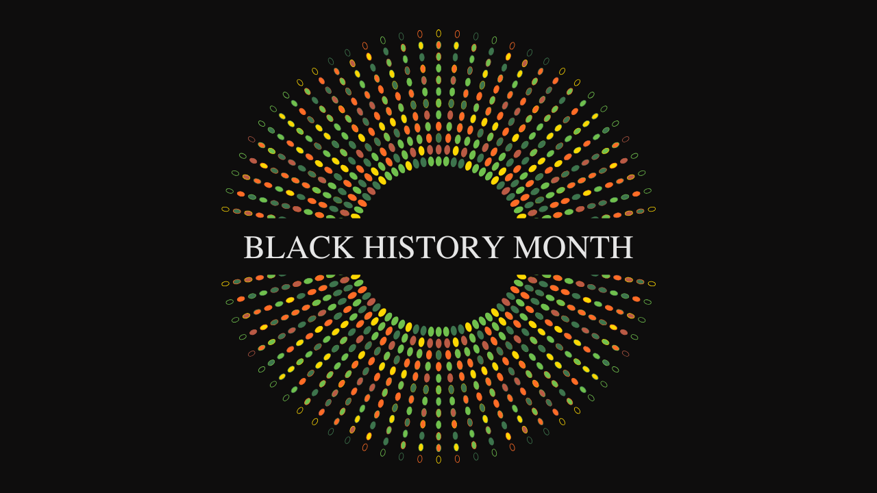 "Black History Month" written in a circular design composed of multicolored dots