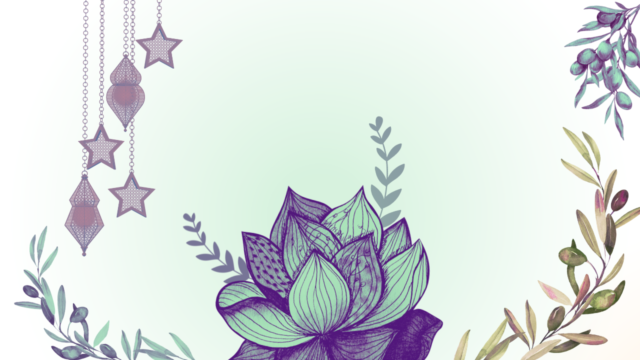 A lotus flower, surrounding olive branches, and hanging ornate lanterns