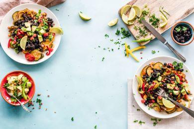 Bowls and plates of food