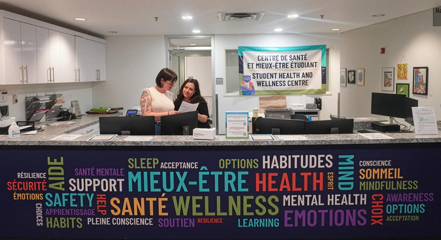 Two staff members at the uOttawa Student Health and Wellness Centre review documents behind the reception desk.