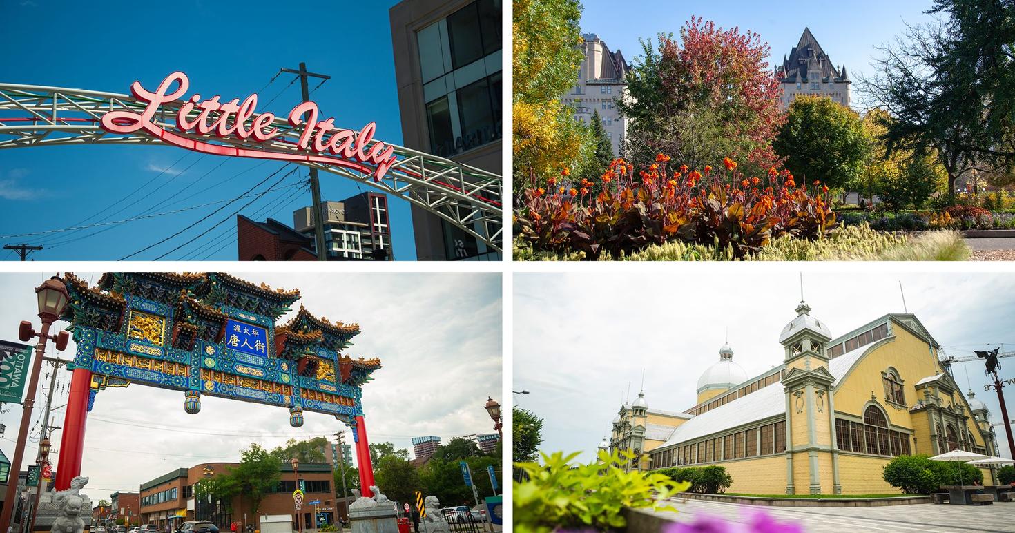 A collage that shows the Little Italy sign, Major's Hill Park, the Chinatown Royal Gateway and the Aberdeen Pavilion in The Glebe.