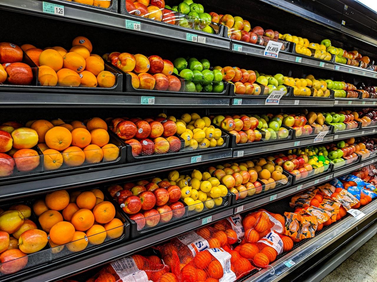 Fresh fruit on grocery store shelves