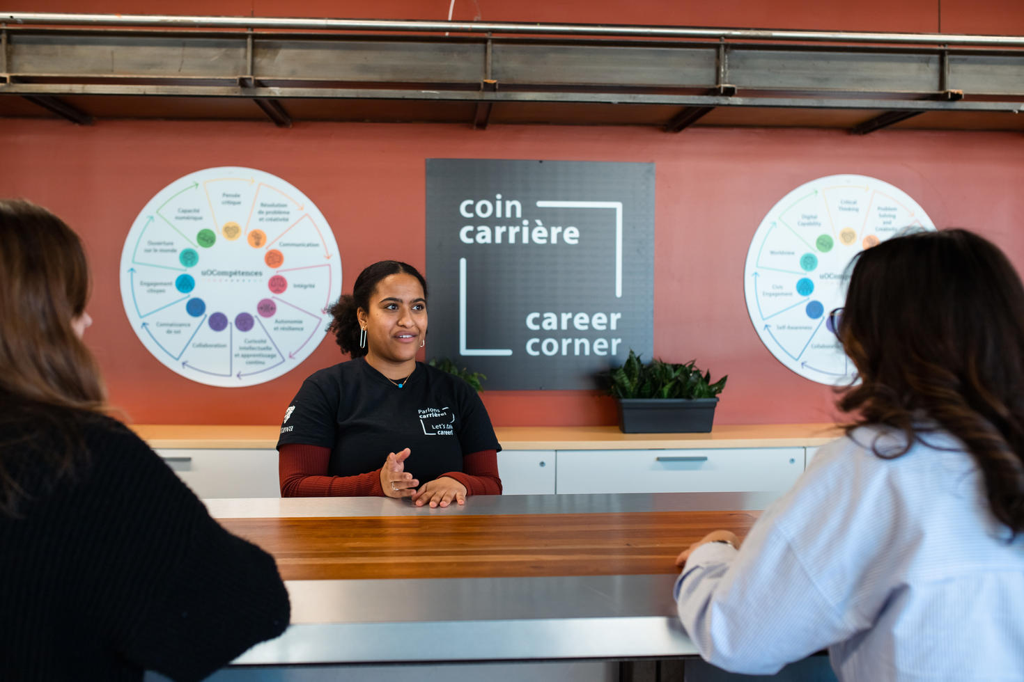 Career Corner mentor talking to two students