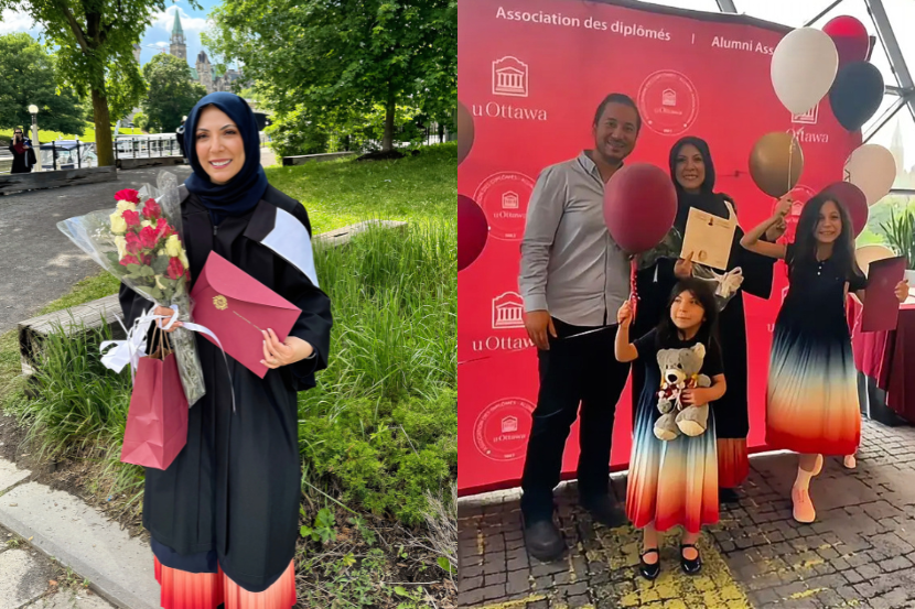 Dua, avec sa famille, dans un grand moment de fierté, celui où elle est officiellement entrée dans la communauté diplômée de l’Université d’Ottawa!