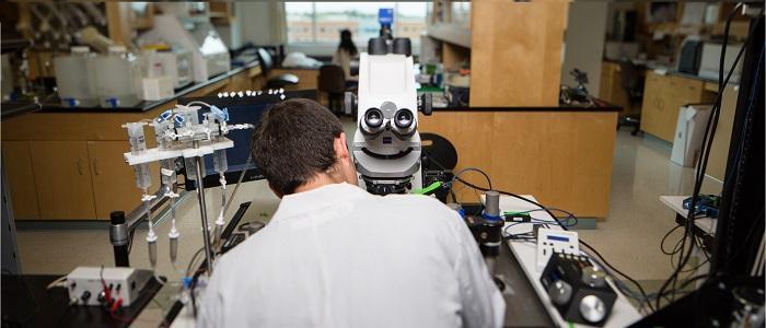 Vue au-dessus de l’épaule d’un étudiant travaillant avec un microscope.