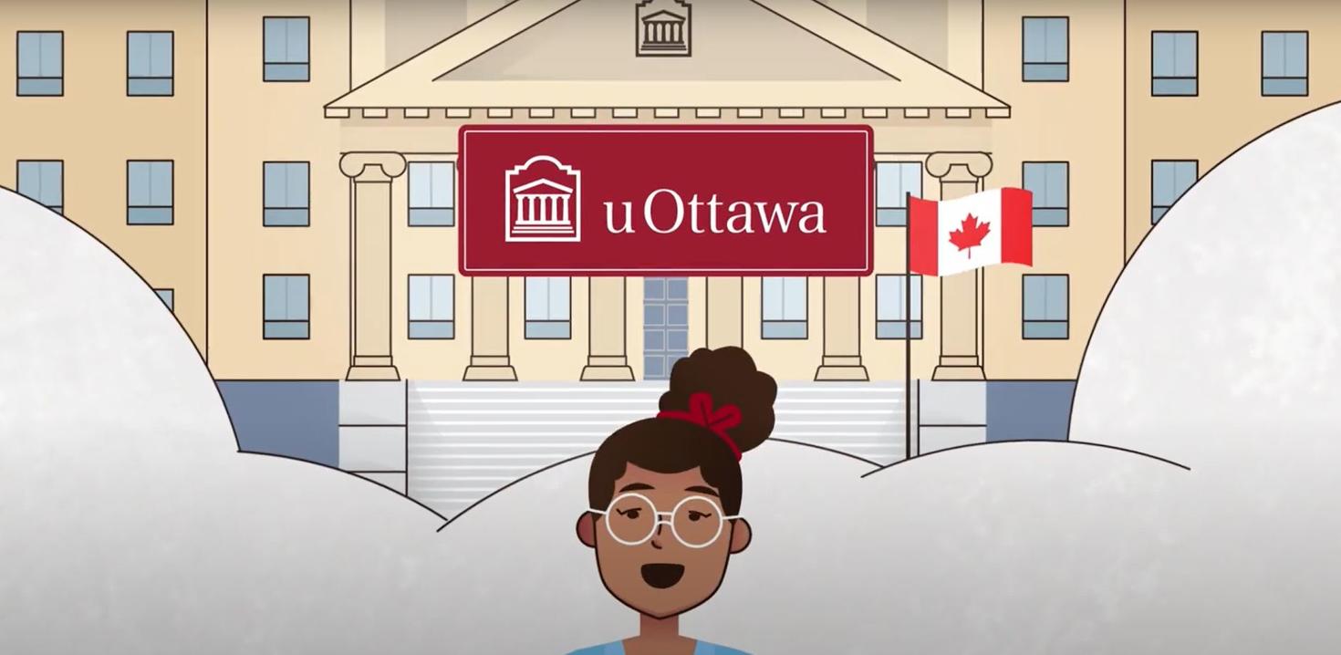 version dessin animé d'une étudiante qui parle devant le pavillon tabaret