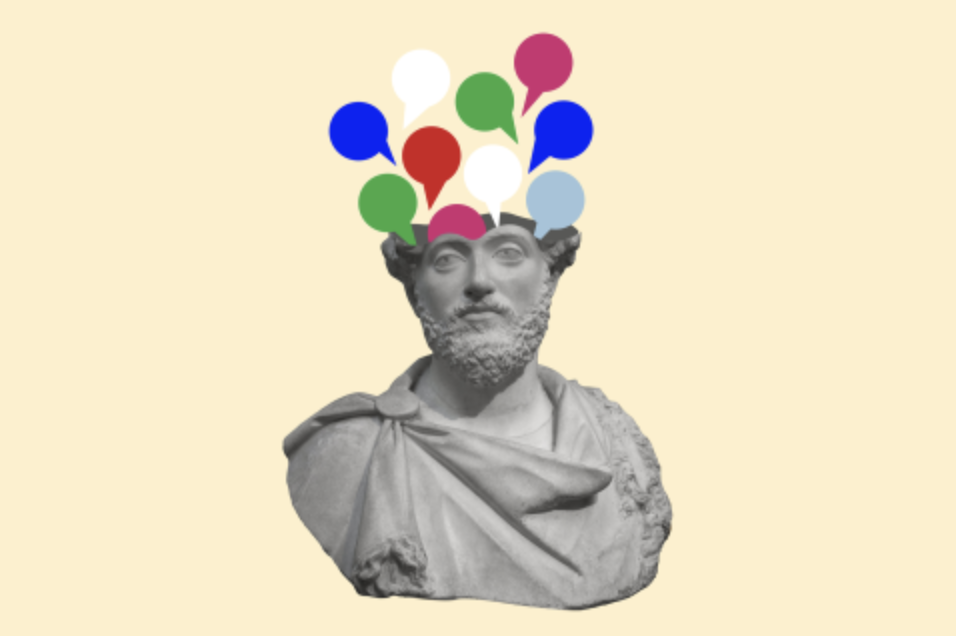 Une statue avec des bulles de conversations dans la tête