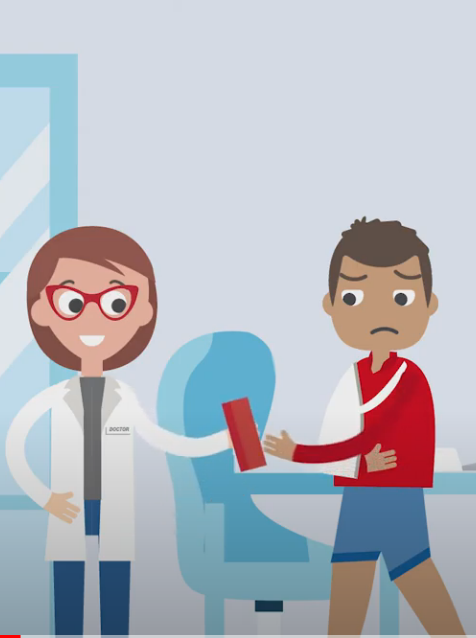 illustration d'un médecin traitant un patient avec un bras cassé.