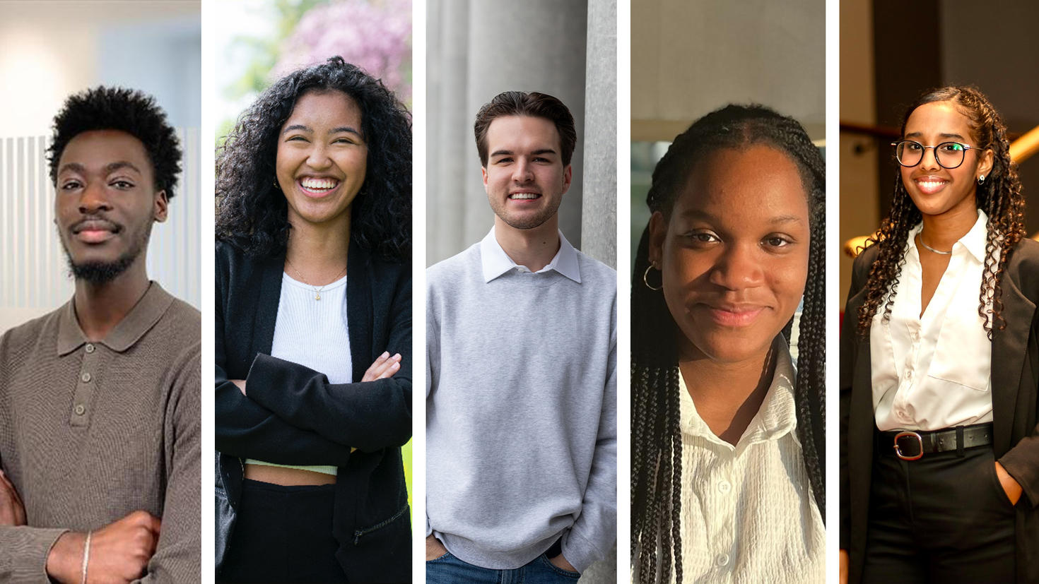 Un collage de cinq étudiantes et étudiants qui donnent des conseils aux nouveaux étudiants de première année.