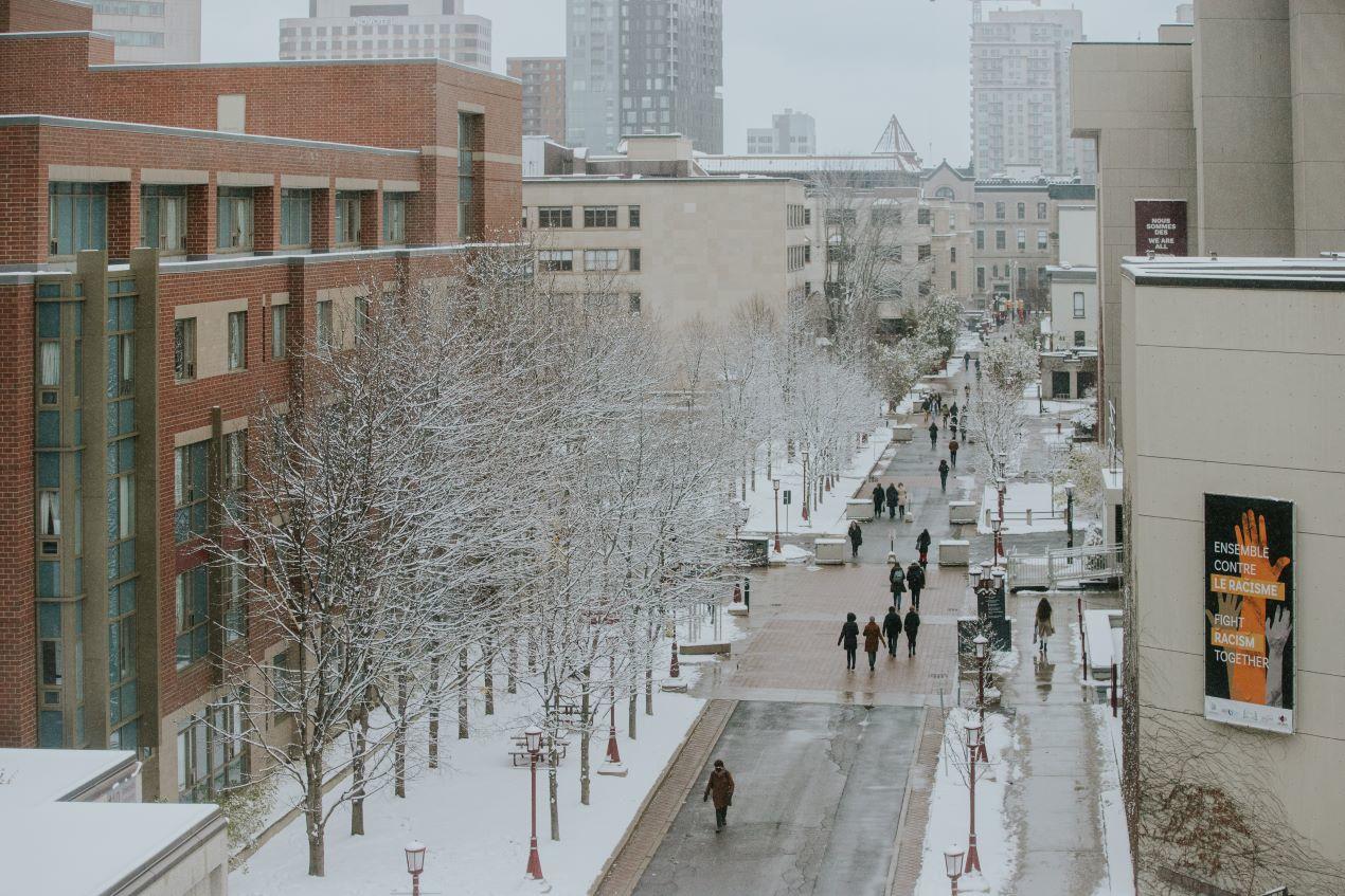Aeriel view of campus buildings in winter.