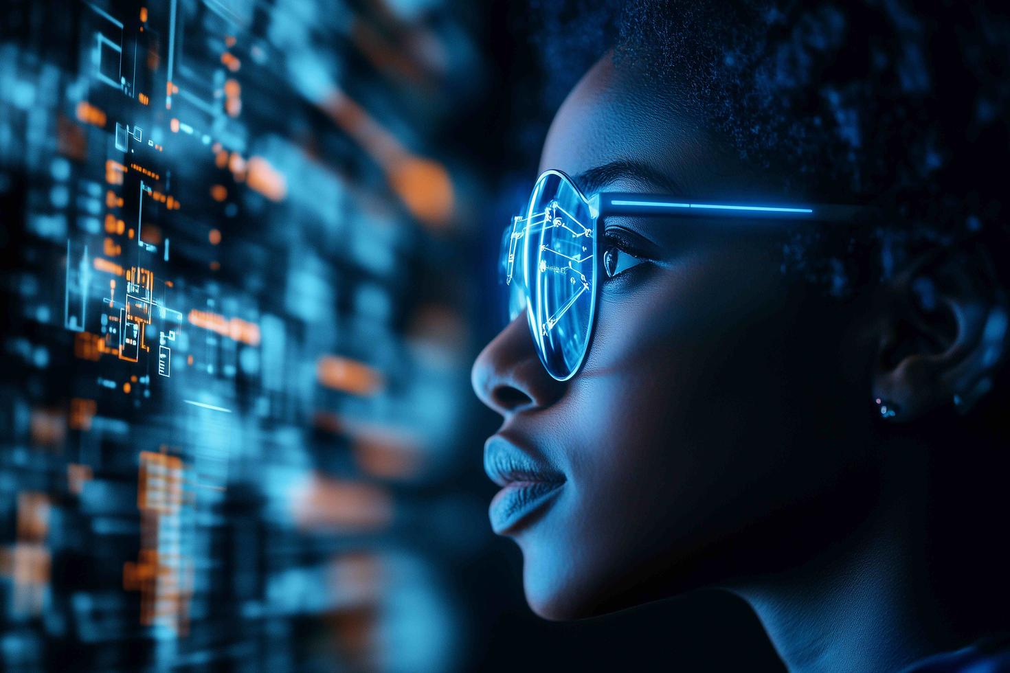 Black African American student coding and learning about machine learning, with a focus on AI and augmented reality in education and cybersecurity