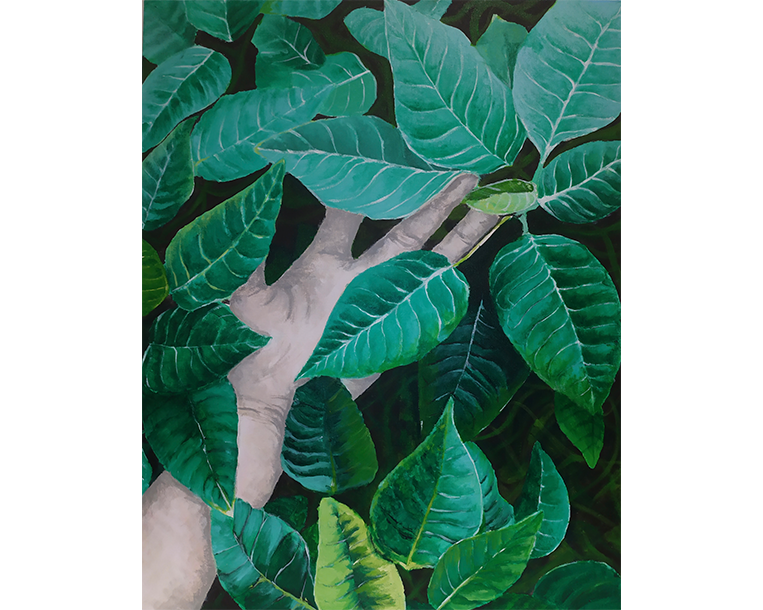 Painting of hand behind leaves