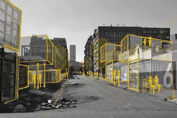 Vue sur une rue en friche avec des croquis de bâtiments