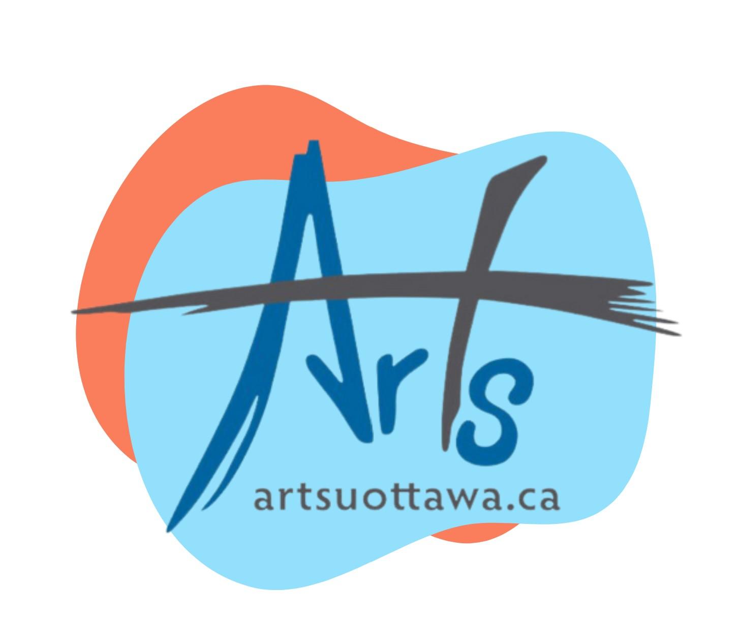 Logo de l'AÉFA. Le texte Arts avec artsuottawa.ca en dessous sur un blob bleu et un blob orange.