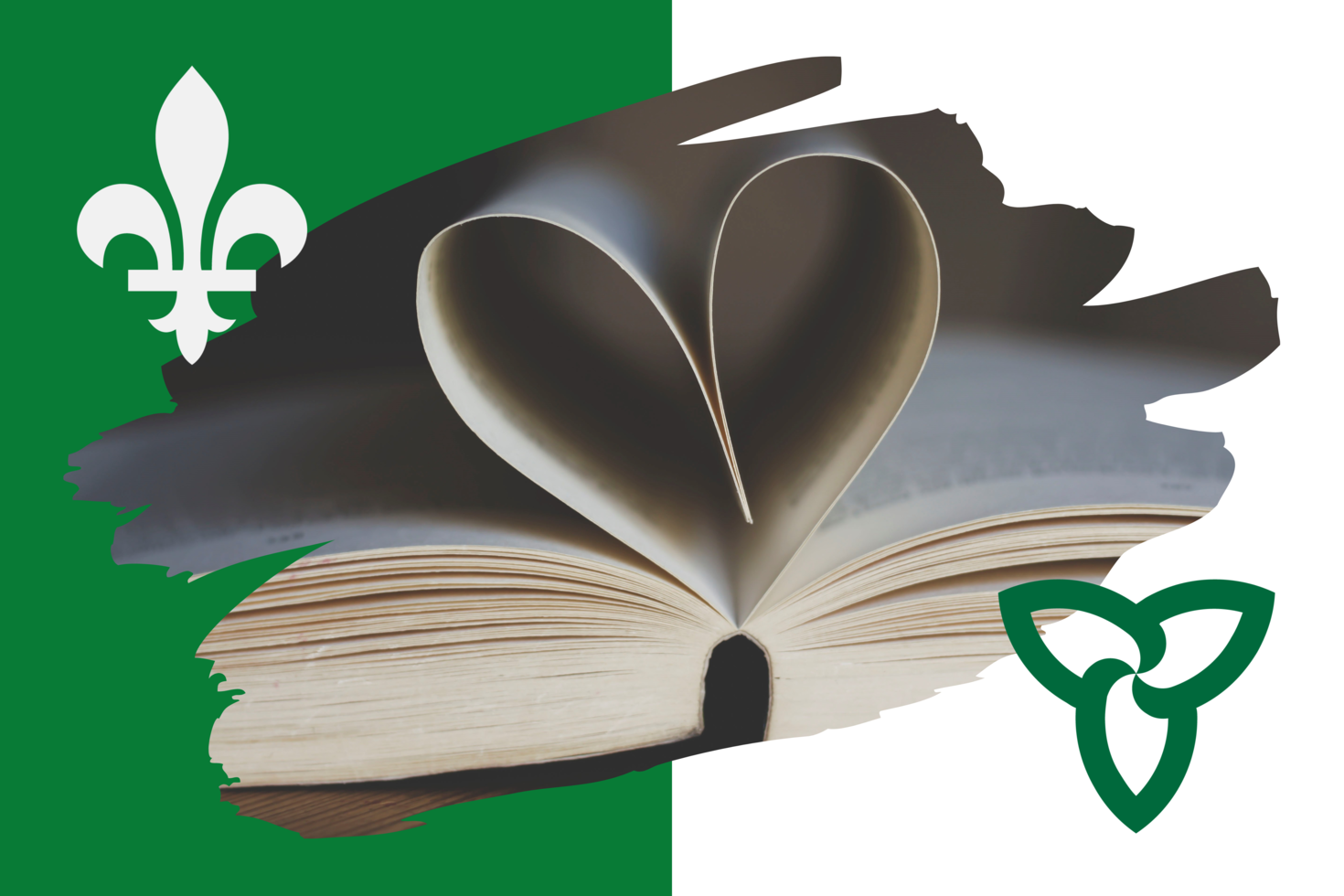 Drapeau franco-ontarien et pages dans un livre pliées en coeur