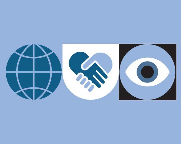 Trois icônes : un globe, une poignée de mains, un oeil.