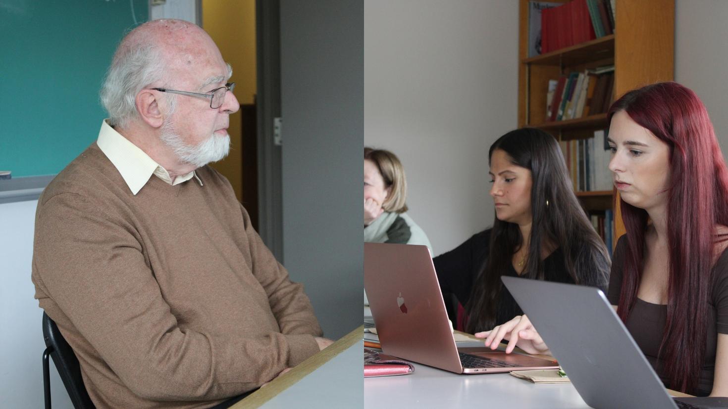 Collage photo de François Paré et trois étudiantes du Département de français à son premier atelier d'octobre