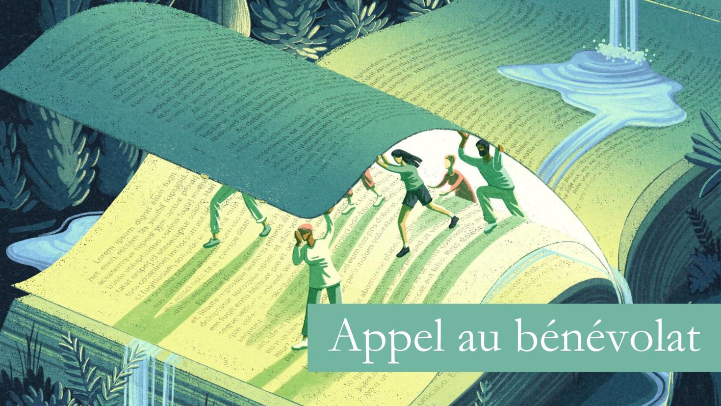 Mini personnes entre des pages d'un livre géant. Appel au bénévolat.