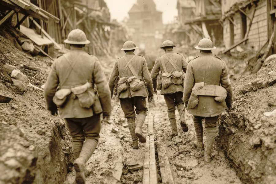 3 military men walking in WW1