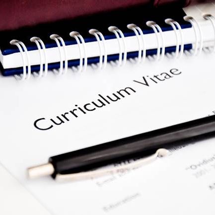 Un stylo noir et un carnet bleu sur une page blanche qui dit "Curriculum Vitae" 