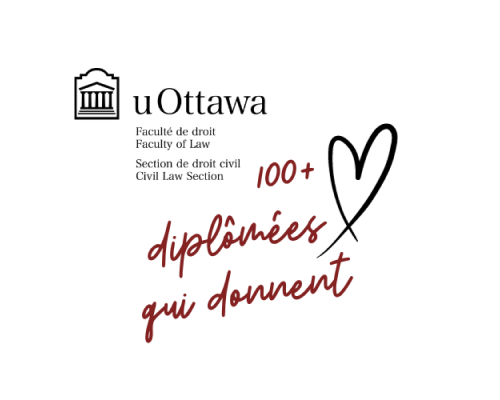 ogo de la faculté de droit et slogan: 100+ diplômées qui donnent